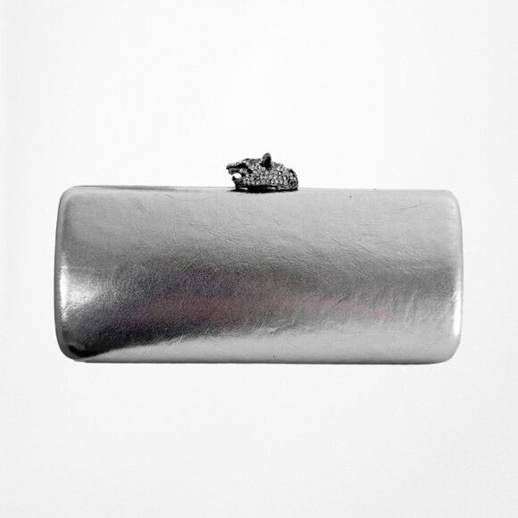Small Rectangular Metallic Silver Gray Rhinestone Leather Look Clutch Bag - Picture 1 of 7